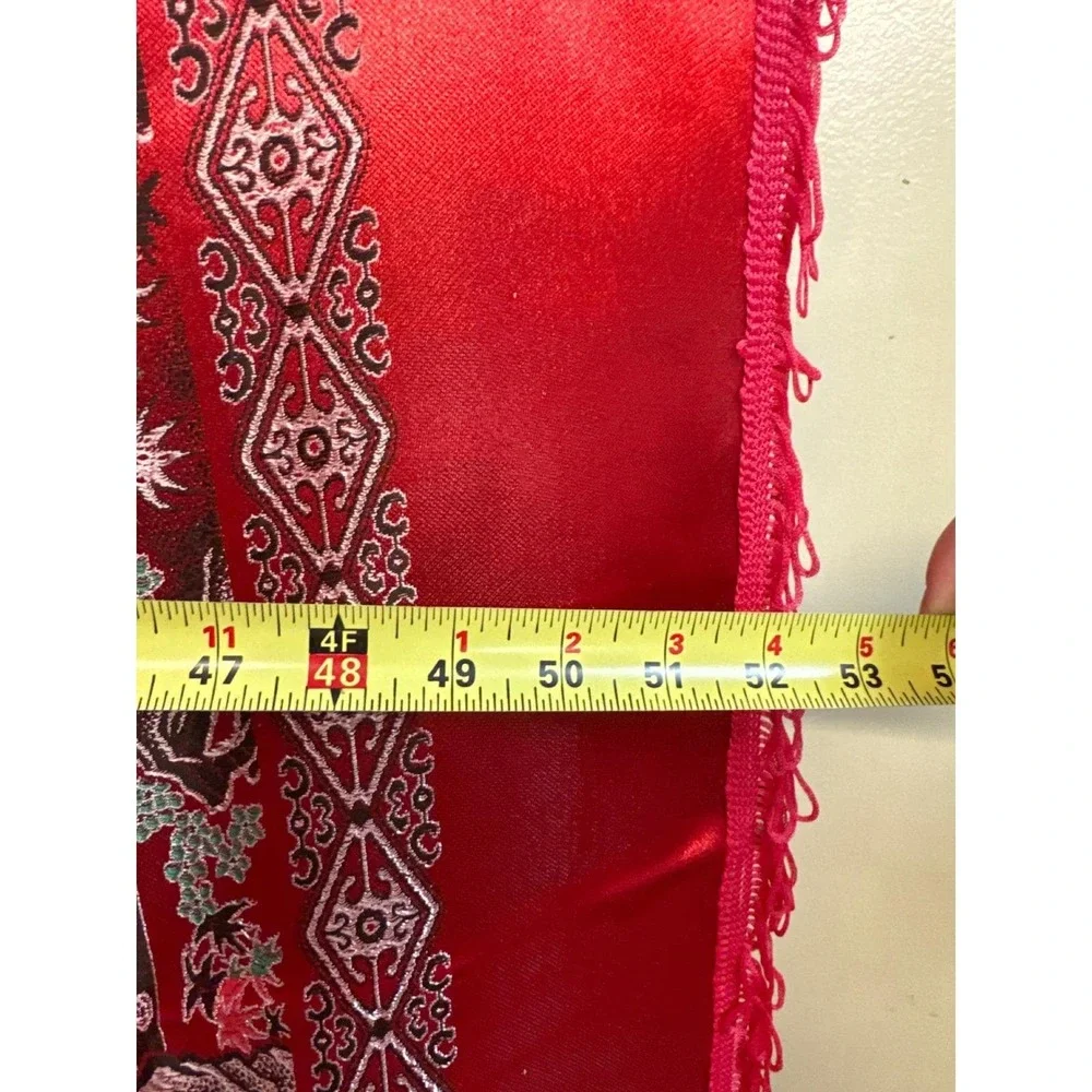 Vintage Chinese Red Silk Brocade Tapestry Bedspread Pagoda Scene Fringe 53x77